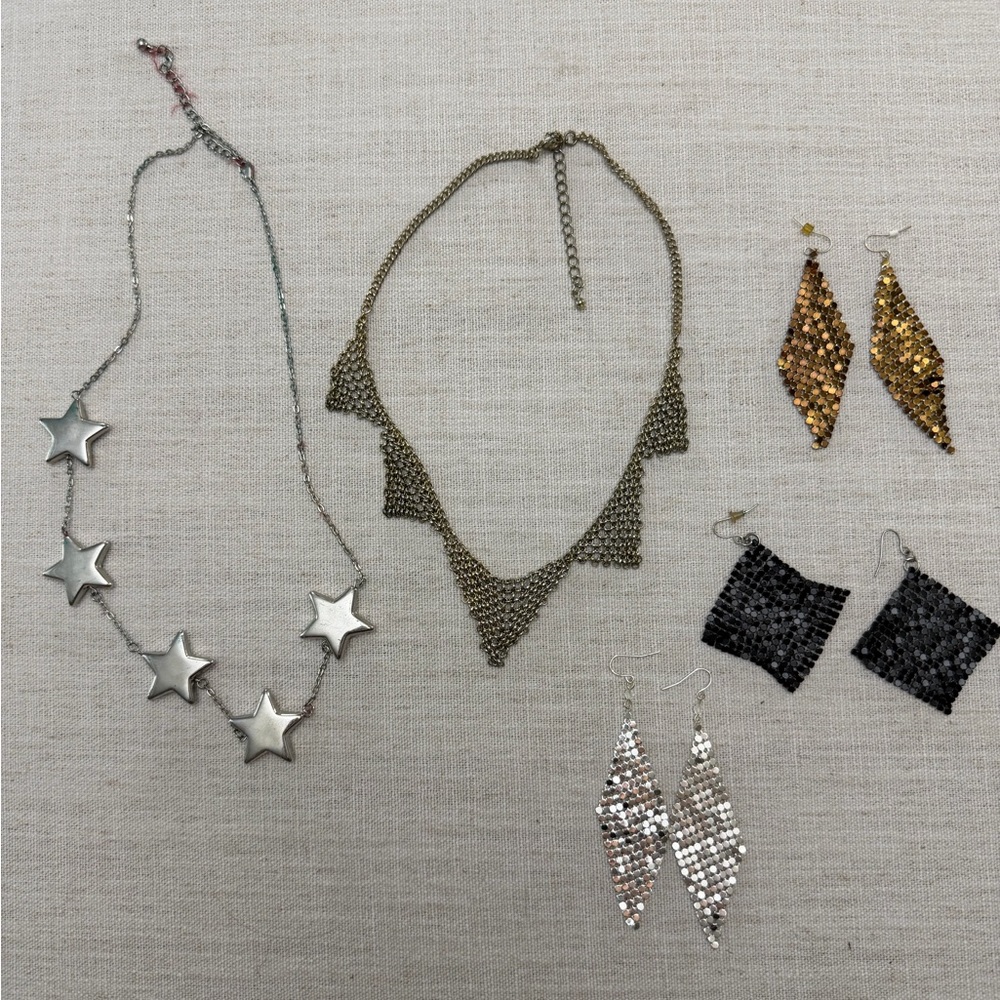 Mixed Metallic Statement Jewelry Set - Silver, Gold, Black